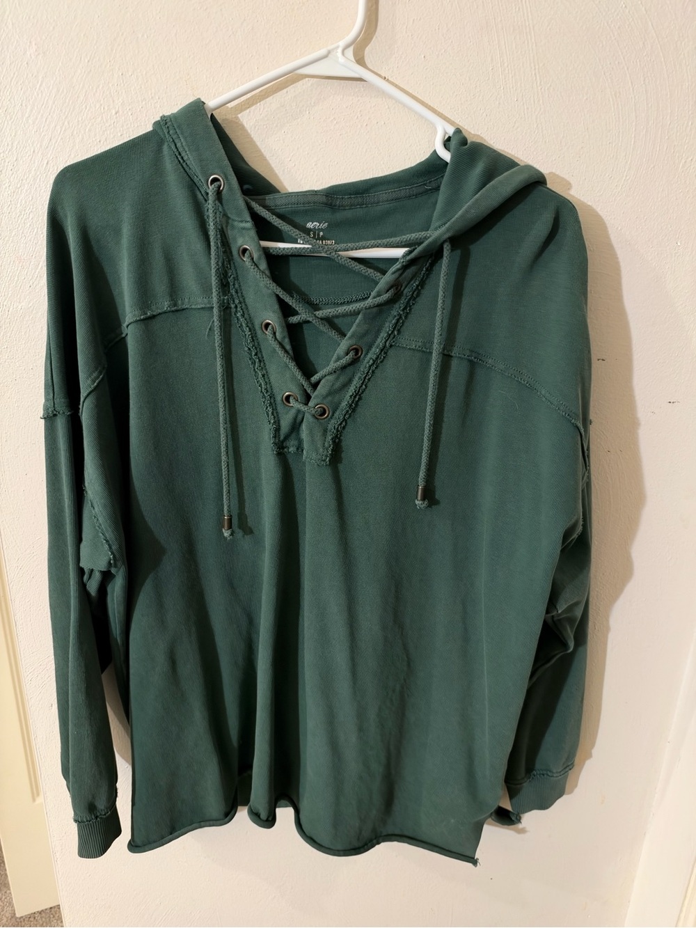 aerie Forest Green Lace-Up V-Neck Hoodie Sweater